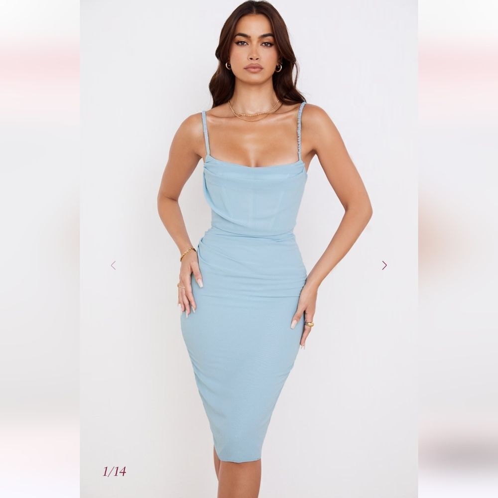 House Of CB Jamille Draped Corset Midi Dress Baby Blue Size L